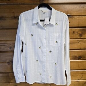 Lucky Brand Cotton Dobby Embroidered Lemon Long Sleeve Button Up White Size M